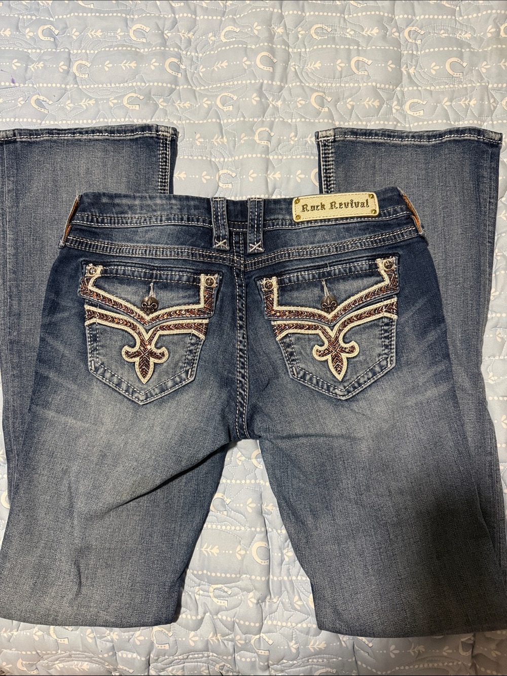Rock Revival Women's Dark Blue Boot Cut Jeans with Embroidered Pocket Detail